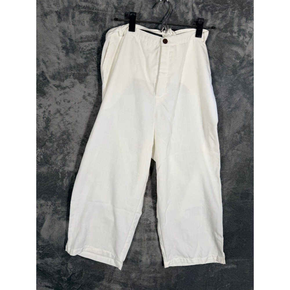 TravelSmith Womens L White Cropped Wide Leg Linen Blend Pants w/Drawstring Belt
